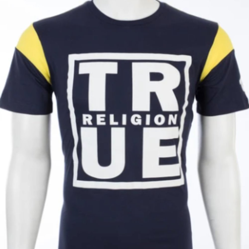 TRUE RELIGION Mens Short Sleeve SQUARE FOOTBALL Crewneck T-Shirt (Navy Blue)